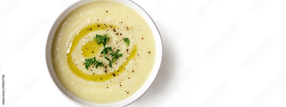 A bowl of creamy potato leek soup with a drizzle of olive oil, isolated white background, minimalist art style