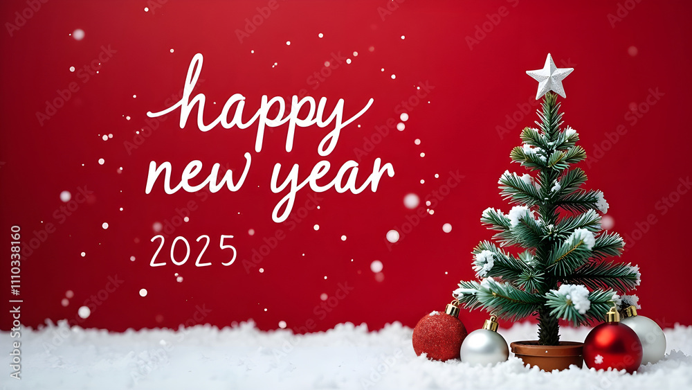 Christmas holiday background with white Handwriting thin Letters happy new year 2025 over red Christmas background with small snow Christmas tree, balls