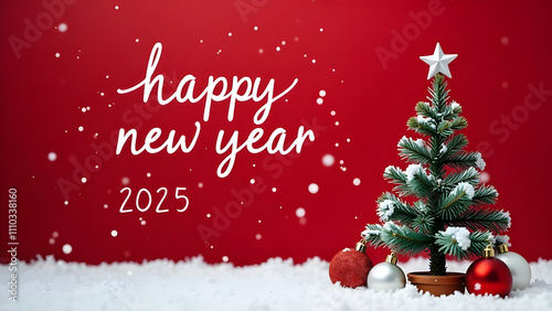 Obraz na płótnie Christmas holiday background with white Handwriting thin Letters happy new year 2025 over red Christmas background with small snow Christmas tree, balls w salonie