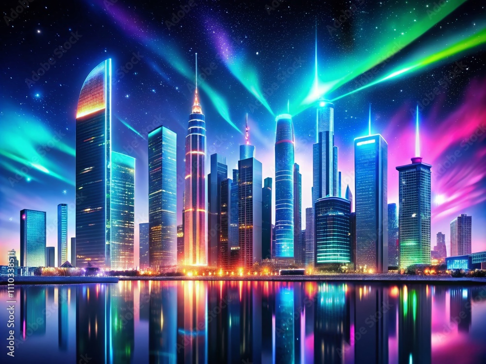 Illuminated Metropolis: A Futuristic Cityscape with Holographic Auroras Dancing in the Sky, Captured from the Left Side with Ample Copy Space for Text Overlay