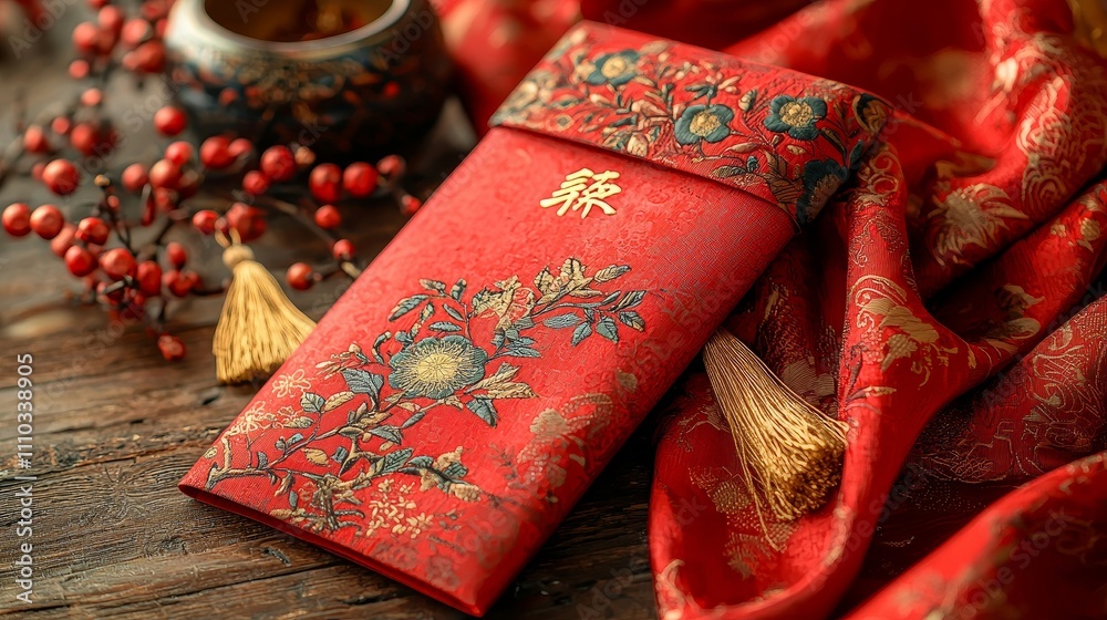 Traditional red envelope with floral design and ornaments on wooden table Traditional red envelope with floral design and ornaments on wooden table