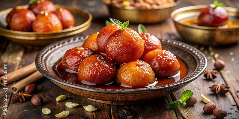 Indulge in a Close-Up of Traditional Gulab Jamun Soaked in Sweet Syrup with Rich Textures and Warm Colors Capturing the Essence of Indian Sweets and Culinary Heritage Indulge in a Close-Up of Traditional Gulab Jamun Soaked in Sweet Syrup with Rich Textures and Warm Colors Capturing the Essence of Indian Sweets and Culinary Heritage