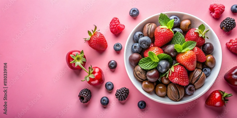 Indulgent Bowl of Chocolate-Covered Berries on a Soft Pink Background with Copy Space for Culinary and Dessert-Themed Content Indulgent Bowl of Chocolate-Covered Berries on a Soft Pink Background with Copy Space for Culinary and Dessert-Themed Content