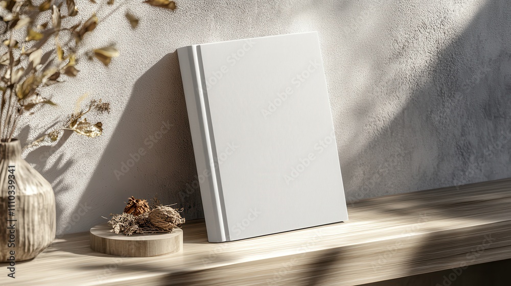 Fototapeta premium Elegant Book Mockup on Wooden Shelf with Dried Flowers and Sunlit Wall Background Aesthetic Home Decor