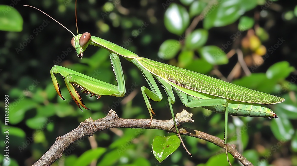 Green Praying Mantis on a Branch in Nature Green Praying Mantis on a Branch in Nature