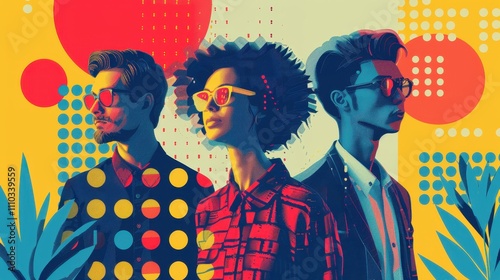 A vibrant, stylized illustration featuring three diverse individuals wearing sunglasses, set against a colorful, abstract background with geometric shapes.