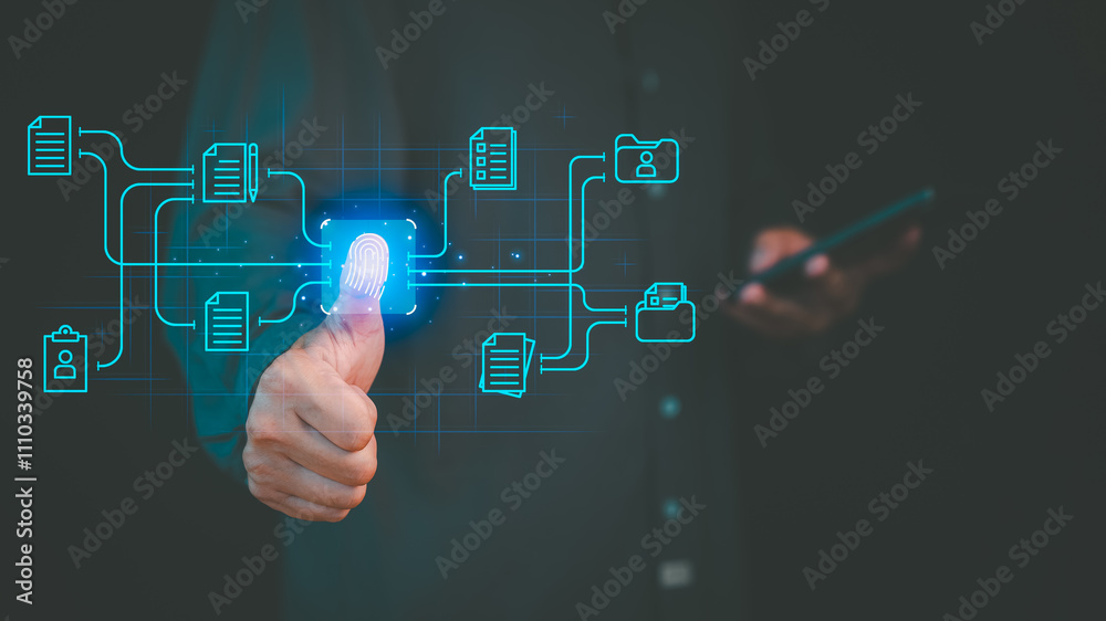 Obraz premium A digital fingerprint authentication concept showcasing a glowing thumbprint scan connected to icons of files, documents, and folders on a dark background.