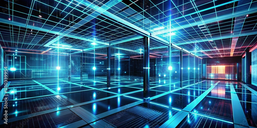 Inside a Virtual Reality Interior Perspective Grid with Digital Data Flow and Copy Space for Futuristic Technology Concepts Inside a Virtual Reality Interior Perspective Grid with Digital Data Flow and Copy Space for Futuristic Technology Concepts