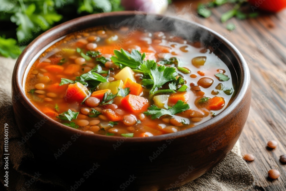 A hearty bowl of vegetable and lentil soup, packed with nutrients, fiber, and plant-based protein, steaming hot and garnished with fresh herbs, perfect for a healthy, warming meal A hearty bowl of vegetable and lentil soup, packed with nutrients, fiber, and plant-based protein, steaming hot and garnished with fresh herbs, perfect for a healthy, warming meal