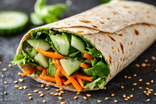 A delicious veggie-packed wrap with hummus, fresh greens, shredded carrots, cucumber slices, and avocado, wrapped in a whole-grain tortilla, representing a healthy and portable meal option photo
