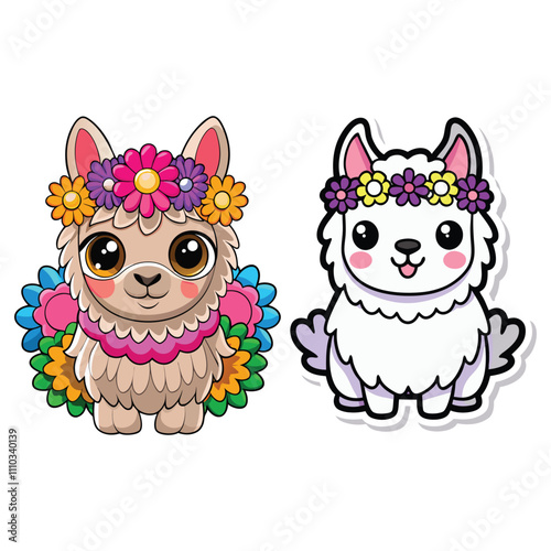 Set of Cute Sticker Set of Happy Llamas with Flower Crowns
