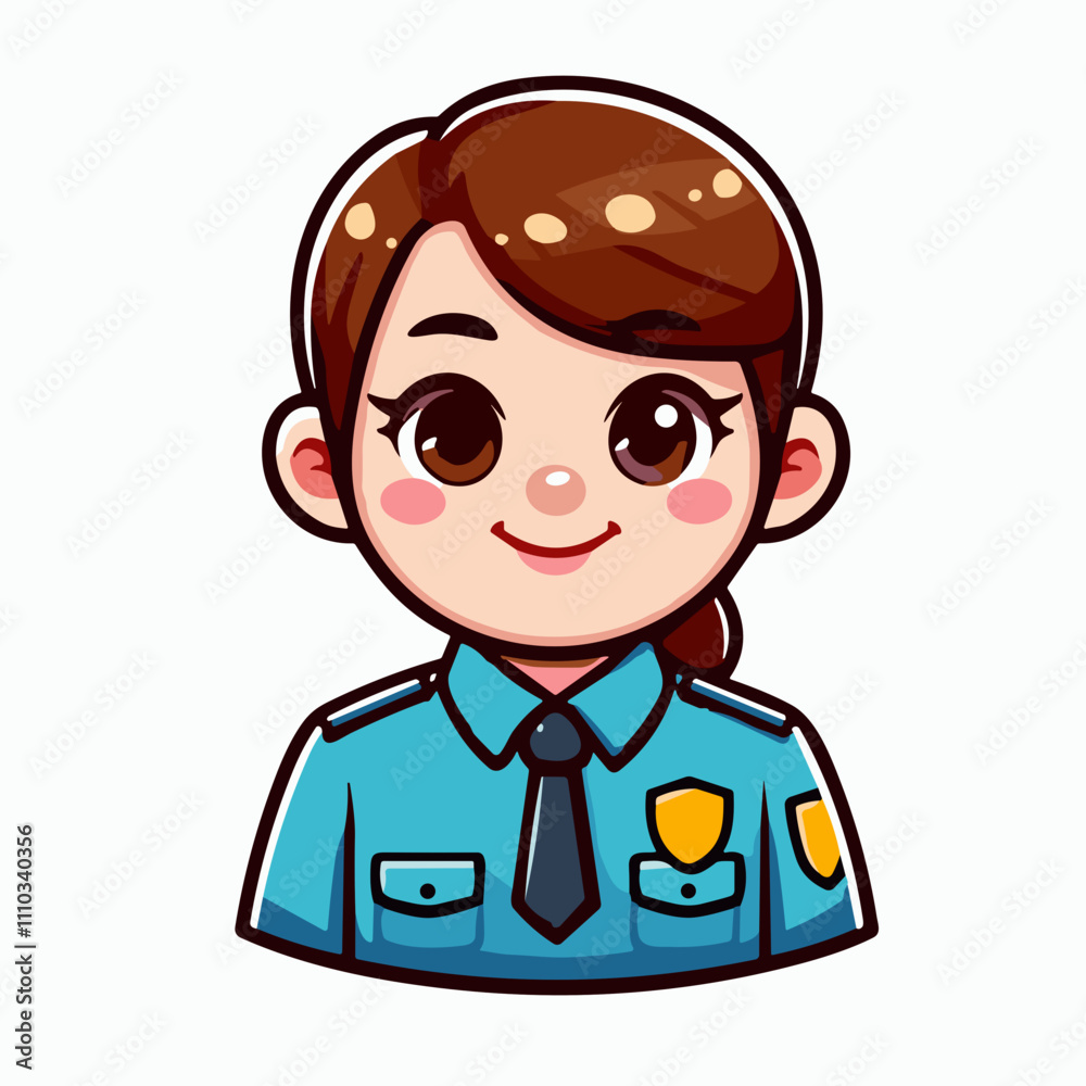 Vector illustration of a friendly woman security guard in blue uniform with tie