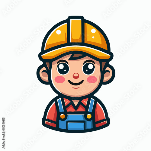 Vector image of a cute young construction worker character smiling in a yellow helmet and overalls