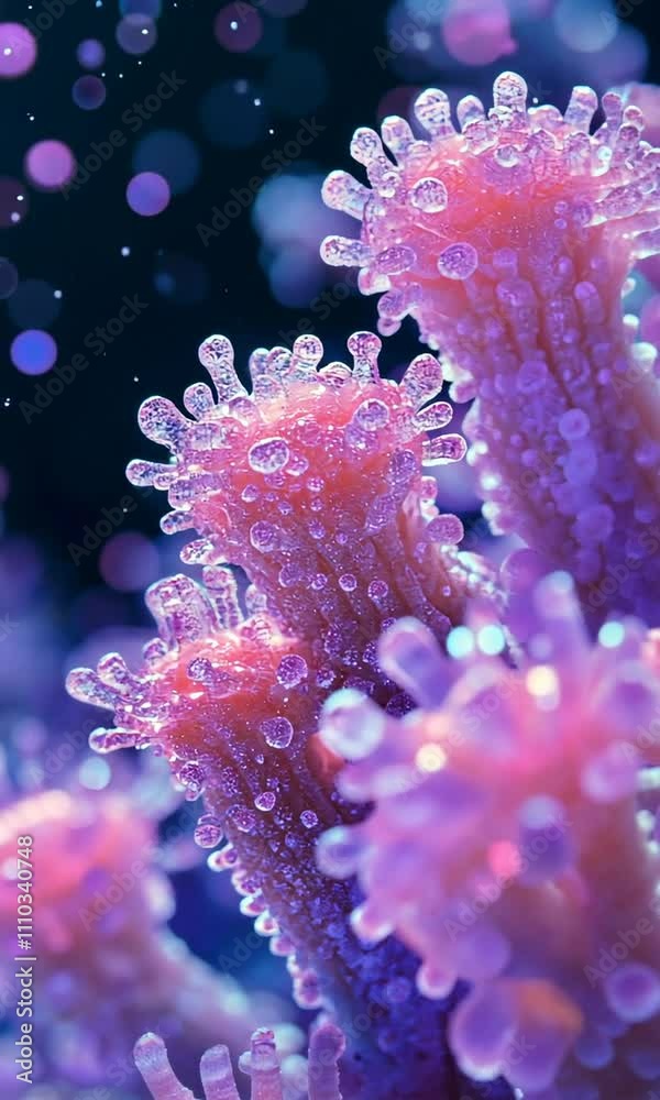 Vibrant close-up of coral with delicate textures and bubbles, showcasing underwater beauty. Vibrant close-up of coral with delicate textures and bubbles, showcasing underwater beauty.