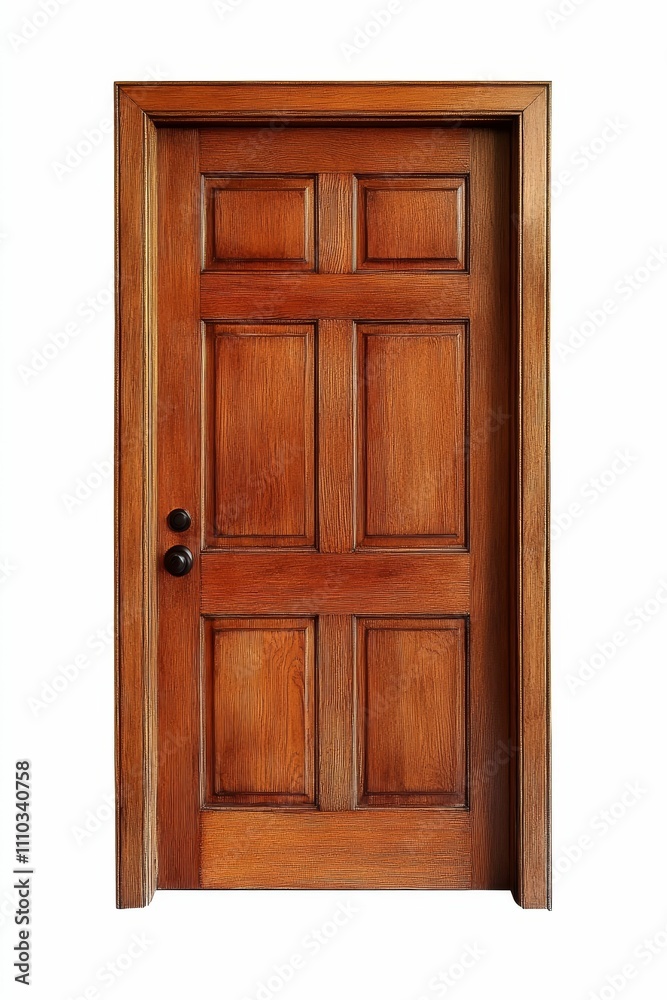 Six-panel wood door, dark brown, simple knob. Six-panel wood door, dark brown, simple knob.