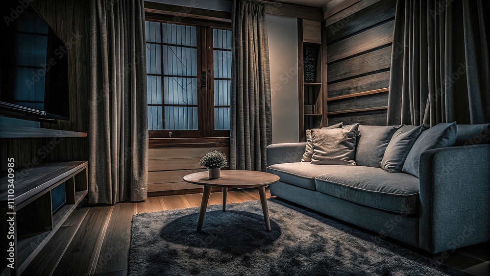 cozy soft armchair in the room and empty frame on the wall, stylish room design, picture on the wall, cozy corner in the house