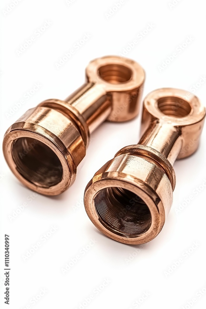 Two bronze metal parts with threaded ends. Two bronze metal parts with threaded ends.