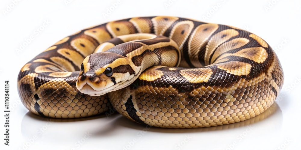 Isolated Night Photography of a Chubby Cute Ball Python on a White Background Capturing the Serpent's Unique Patterns and Textures in a Softly Lit Atmosphere