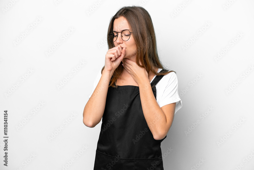 Young caucasian restaurant waiter woman isolated on white background is suffering with cough and feeling bad Young caucasian restaurant waiter woman isolated on white background is suffering with cough and feeling bad
