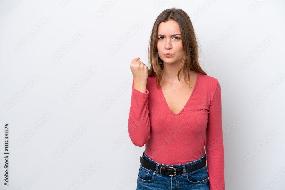 Young caucasian woman isolated on white background with unhappy expression Young caucasian woman isolated on white background with unhappy expression