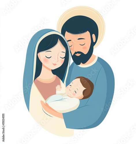 Merry Christmas card with family, Mary and Joseph in traditional , hold baby Jesus in their arms. 