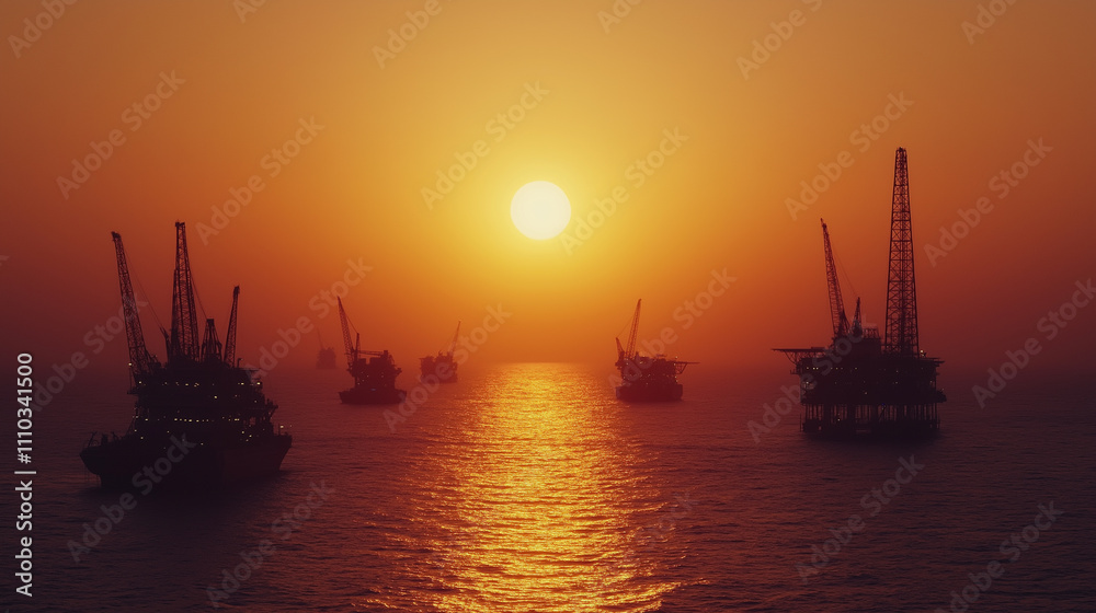 Fototapeta premium Energy dominance oil global concept. A stunning image of oil rigs situated in a vast ocean during sunset, showcasing the interplay of industry and nature's beauty.