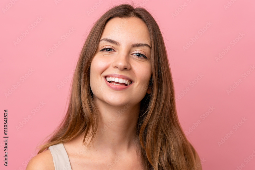 Portrait caucasian woman isolated on pink background . Portrait Portrait caucasian woman isolated on pink background . Portrait
