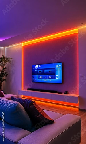 A modern living room featuring a TV, soft seating, and ambient lighting.