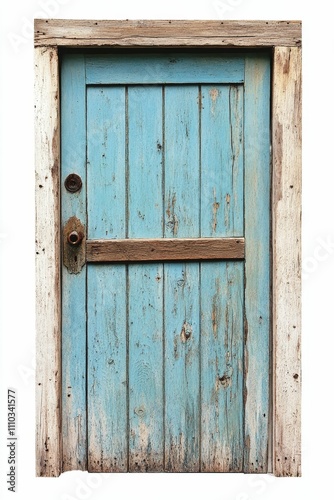 Weathered blue door, old wood frame, rustic.