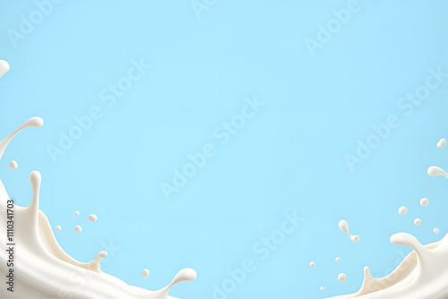 Milk splash seamless pattern isolated on blue background. 3d realistic yogurt wave border. Vector milky package design photo