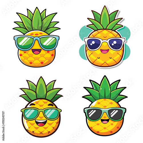 Set of sticker happy pineapple with sunglasses