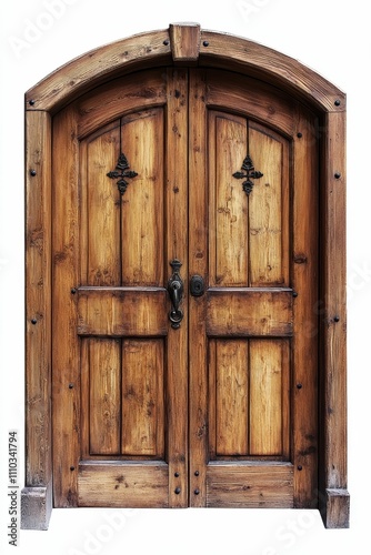 Arched wooden double door with metal accents.