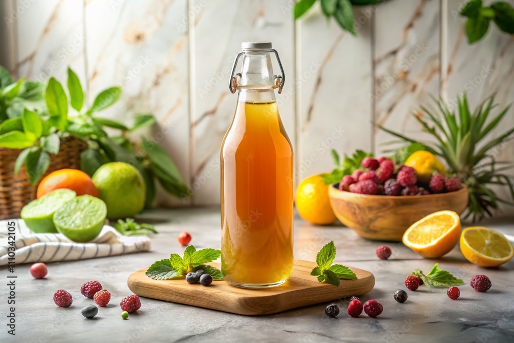 Kombucha Bottle Elegantly Displayed on a Marble Countertop with Minimalist Design, Emphasizing Natural Ingredients and Refreshing Aesthetic for Food Photography Kombucha Bottle Elegantly Displayed on a Marble Countertop with Minimalist Design, Emphasizing Natural Ingredients and Refreshing Aesthetic for Food Photography