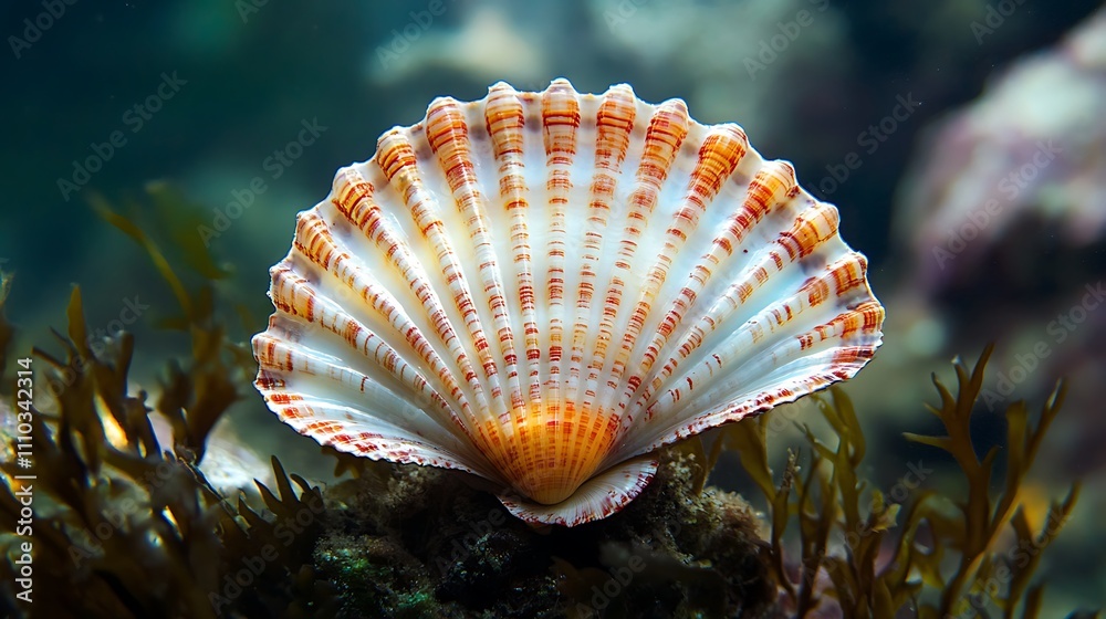 A striking scallop shell rests on ocean floor seaweed A striking scallop shell rests on ocean floor seaweed