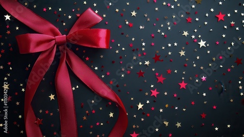 Elegant Red Ribbon Bow on Dark Background with Festive Confetti Stars: A Luxurious Holiday or Celebration Design photo