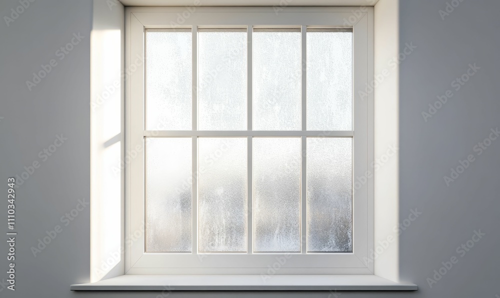 Fototapeta premium Sunlit frosted window, white frame, indoor view.