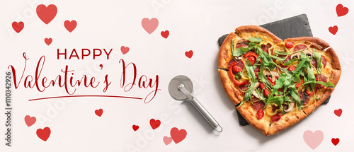 Panel kuchenny z motywem Board with tasty heart shaped pizza and cutter on white background