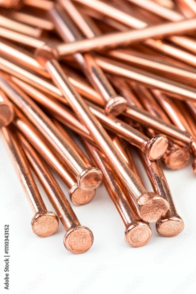 Copper pins, metallic, rounded heads, close-up view. Copper pins, metallic, rounded heads, close-up view.