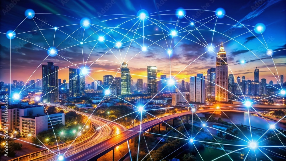 Naklejka premium Long Exposure Image Depicting Internet of Things Connectivity and Synchronization Through Smart Devices with a Focus on Predictive Analytics and Data Mining Techniques