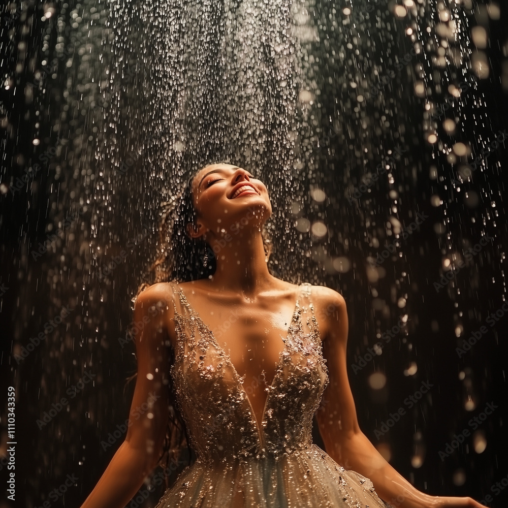 Fototapeta premium A picture of a beautiful model in a beautiful dress, with rain falling on her from above, accompanied by laughter.