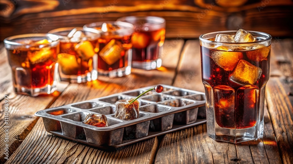 Long Exposure of Ice Cube Tray and Cocktail Glasses on Rustic Wooden Background, Capturing the Refreshing Essence of Cold Drinks with Cola and Ice Cubes in a Stylish Setting Long Exposure of Ice Cube Tray and Cocktail Glasses on Rustic Wooden Background, Capturing the Refreshing Essence of Cold Drinks with Cola and Ice Cubes in a Stylish Setting