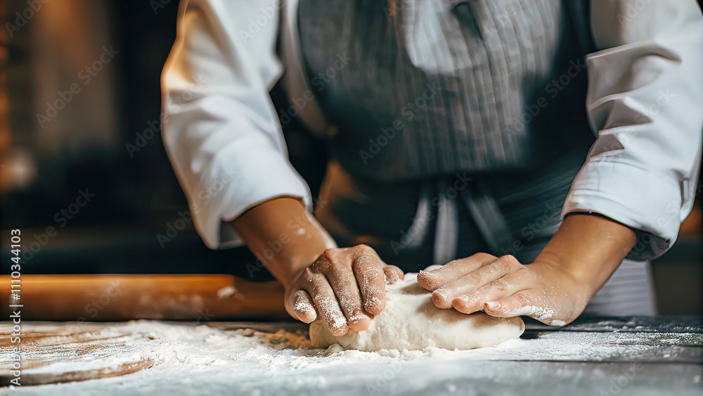 Female hands preparing dough on wooden table isolated on white background Female hands preparing dough on wooden table isolated on white background