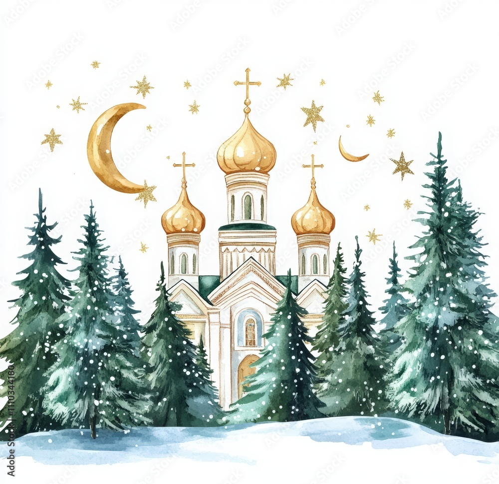 watercolor painting of a winter white Russian church with golden domes, stars, and a moon. Orthodox church surrounded by green Christmas trees watercolor painting of a winter white Russian church with golden domes, stars, and a moon. Orthodox church surrounded by green Christmas trees