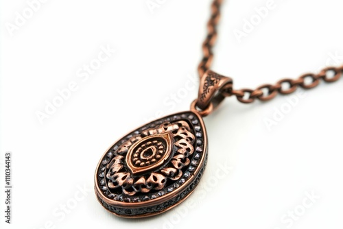 Ornate copper pendant, chain, gemstone accents. photo