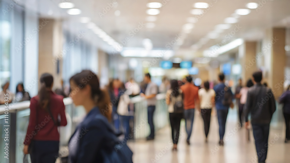 Wide-angle view of bustling airport terminal with people walking in the airport captured with motion blur shot, motion-blurred image capturing an airport environment, fast-paced travel environment Wide-angle view of bustling airport terminal with people walking in the airport captured with motion blur shot, motion-blurred image capturing an airport environment, fast-paced travel environment