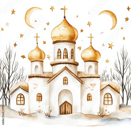 watercolor painting of a winter white Russian church with golden domes, stars, and a moon. Orthodox church surrounded by green Christmas trees