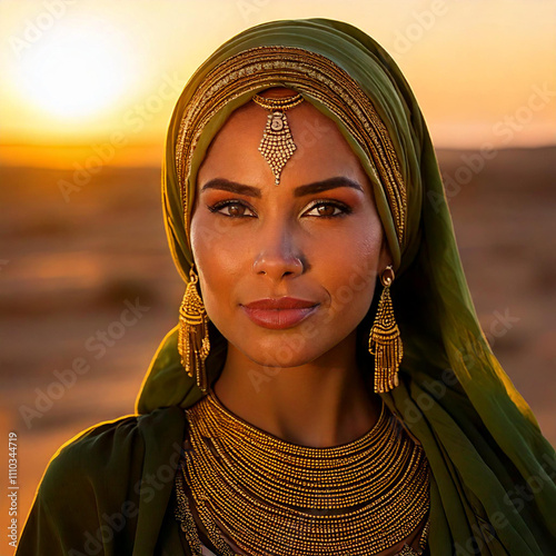 A striking portrait of an exotic woman with warm olive skin, adorned with intricate gold jewelry and a flowing headscarf in deep emerald green. Her almond-shaped eyes are lined with kohl, gazing direc photo