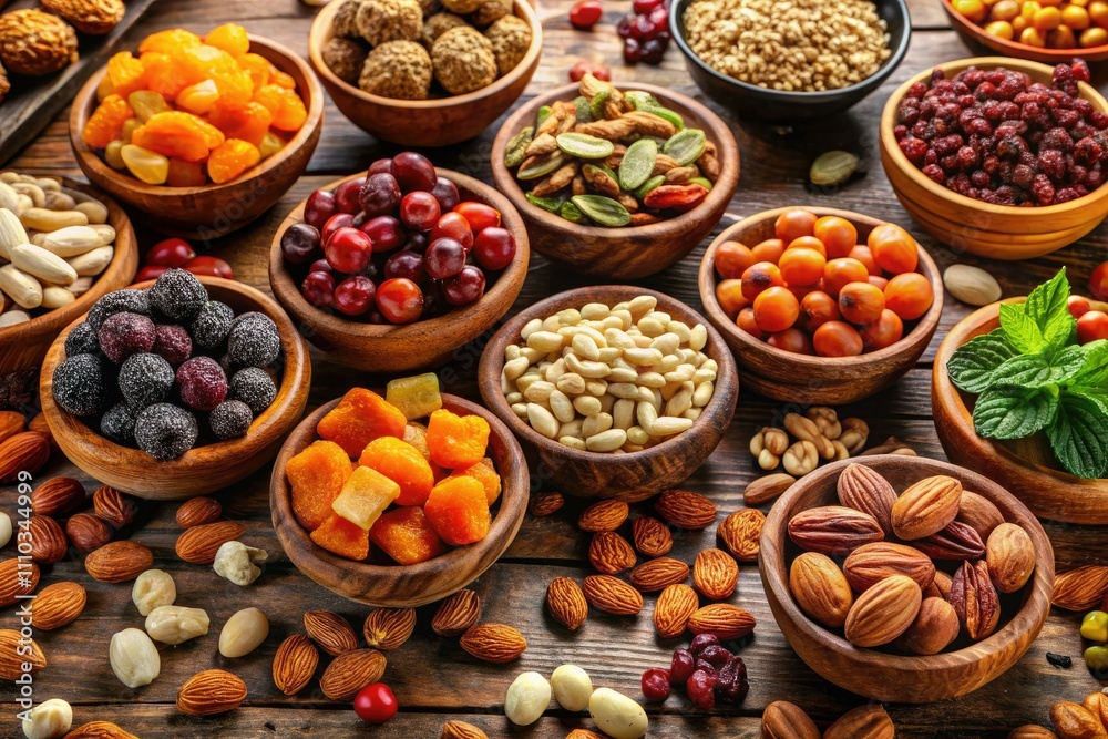 Assorted Dry Fruits and Nuts on Wooden Table - Top View of Healthy Snacks, Colorful Nuts and Dried Fruits for Nutrition, Natural Food, and Dietary Choices Assorted Dry Fruits and Nuts on Wooden Table - Top View of Healthy Snacks, Colorful Nuts and Dried Fruits for Nutrition, Natural Food, and Dietary Choices