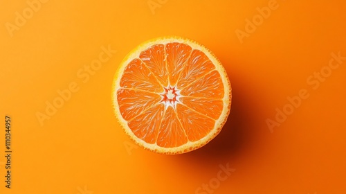 Freshly cut orange slice on a vibrant orange background for minimalist mockup design photo