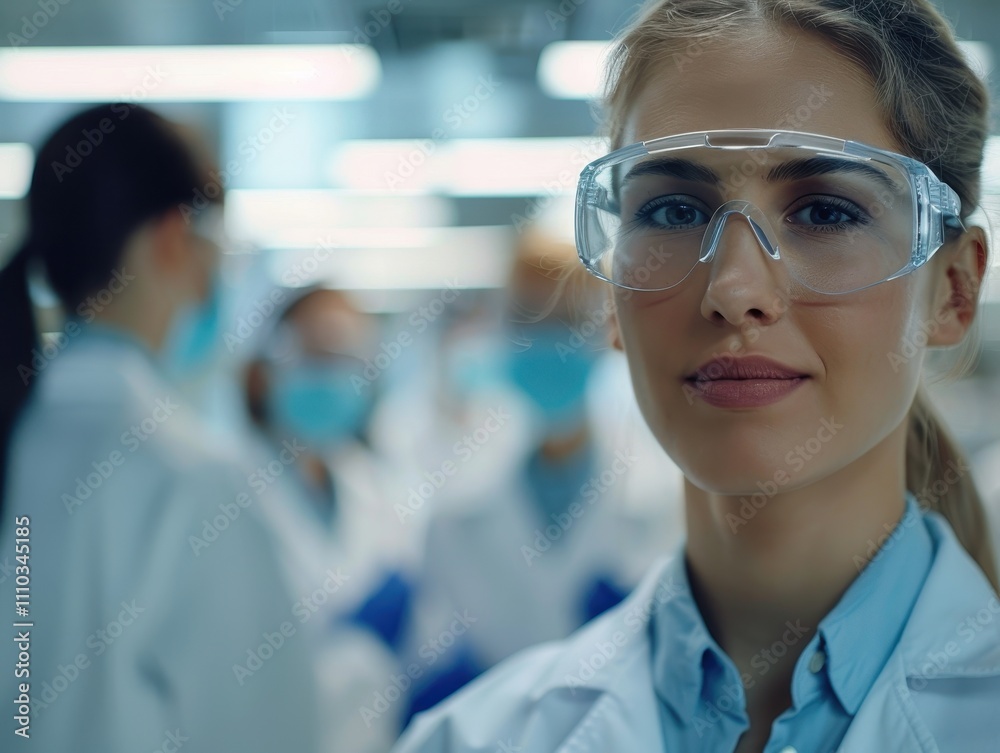 A confident woman in safety glasses and a lab coat stands in a laboratory, surrounded by colleagues, emphasizing teamwork and professionalism in science.